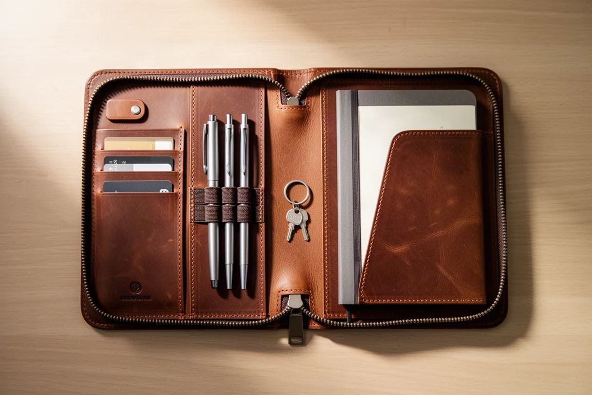 Open brown leather folio showing notebook pocket, card slots and elastic pen loops