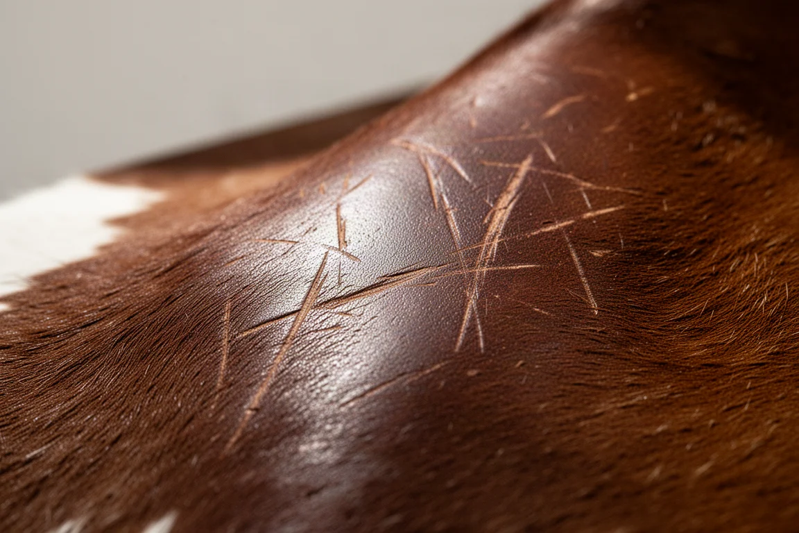 Close-up of grained brown Crazy Horse leather texture with visible patina