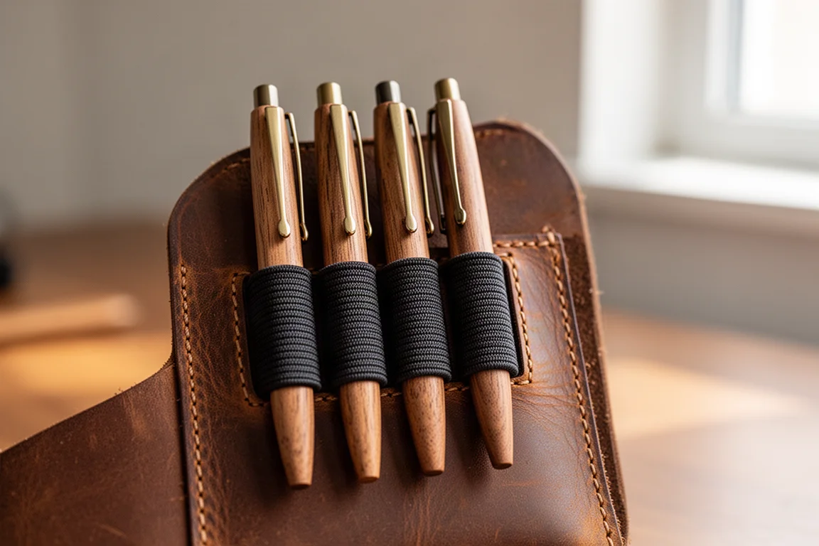 Wooden pens inserted sideways in elastic pen loops of a leather folio
