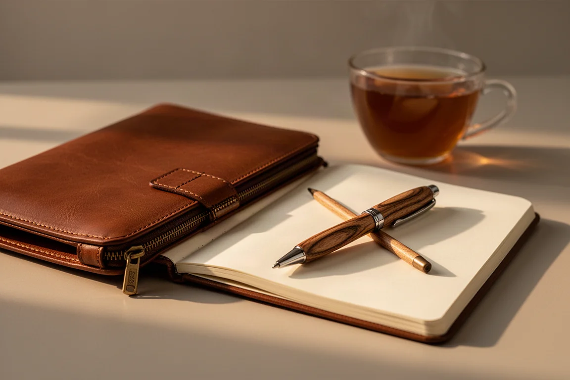 Hands unzipping a leather folio beside an open notebook and pen on a desk