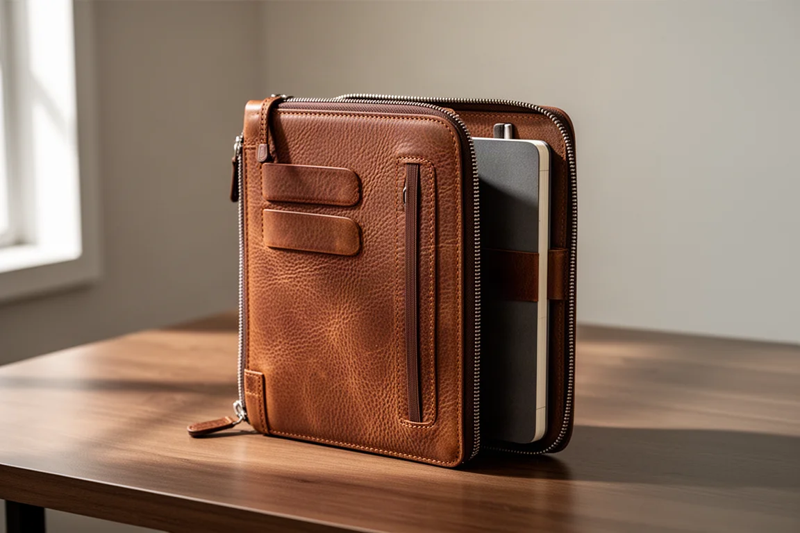 Brown leather zippered A5 notebook folio on a wood desk