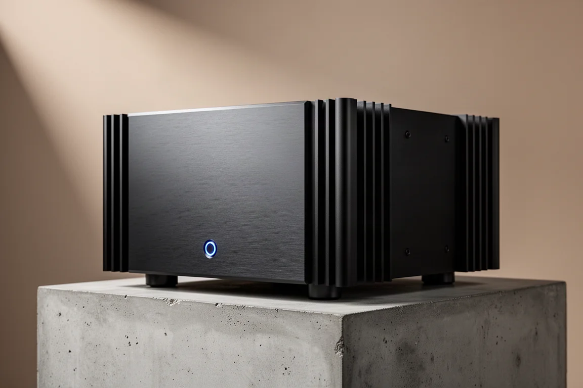 Stereo power amplifier with brushed aluminium front panel and side heat sinks on concrete