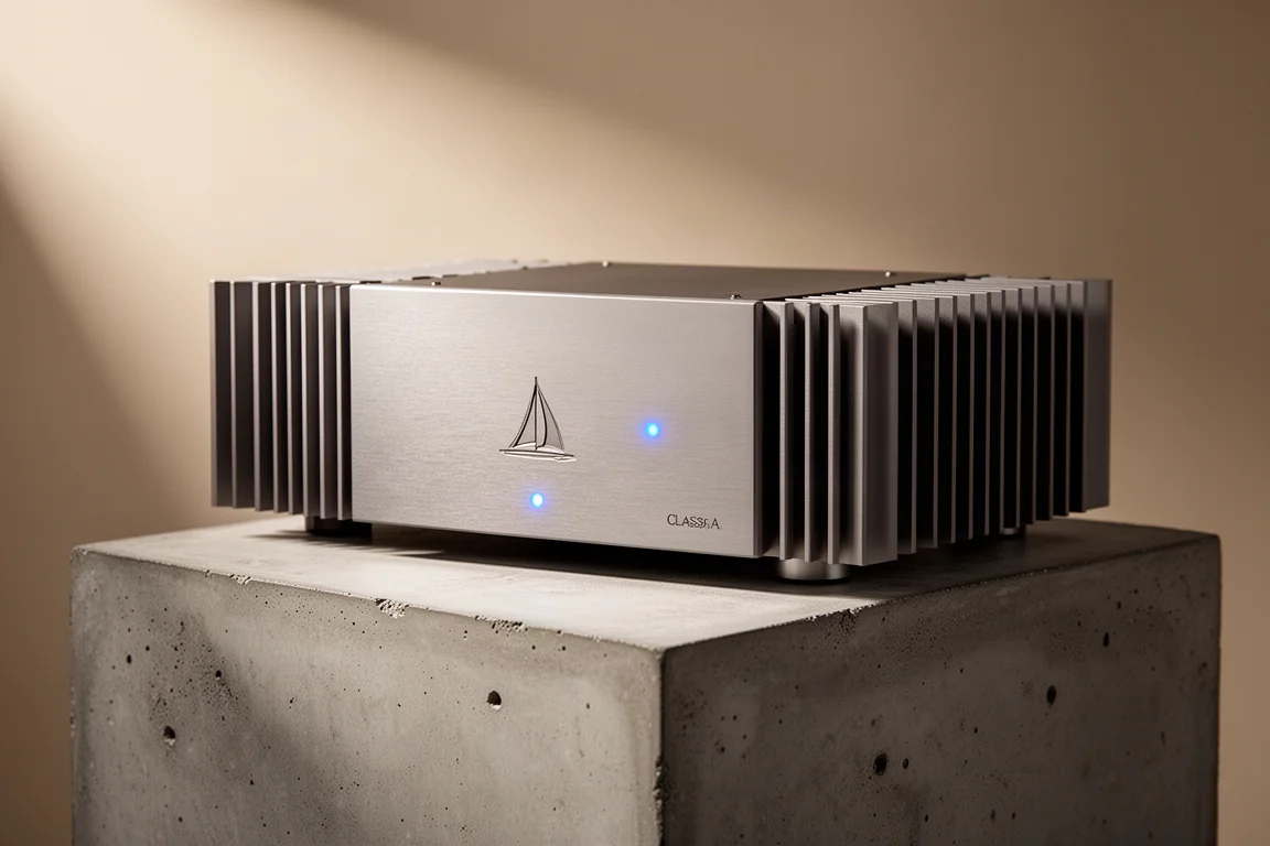 Gallion TS A20 Class A power amplifier on a concrete plinth in soft studio light