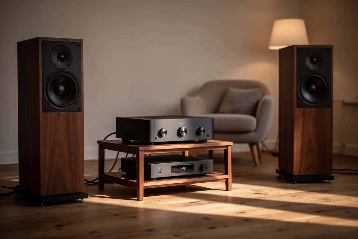 Sala d'ascolto al crepuscolo con un amplificatore a valvole nero opaco su un rack in legno tra due diffusori da pavimento