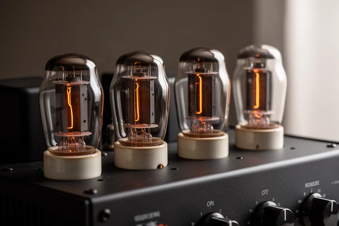 Primo piano di quattro grandi valvole di potenza in vetro che brillano debolmente in zoccoli in ceramica sul telaio dell'amplificatore