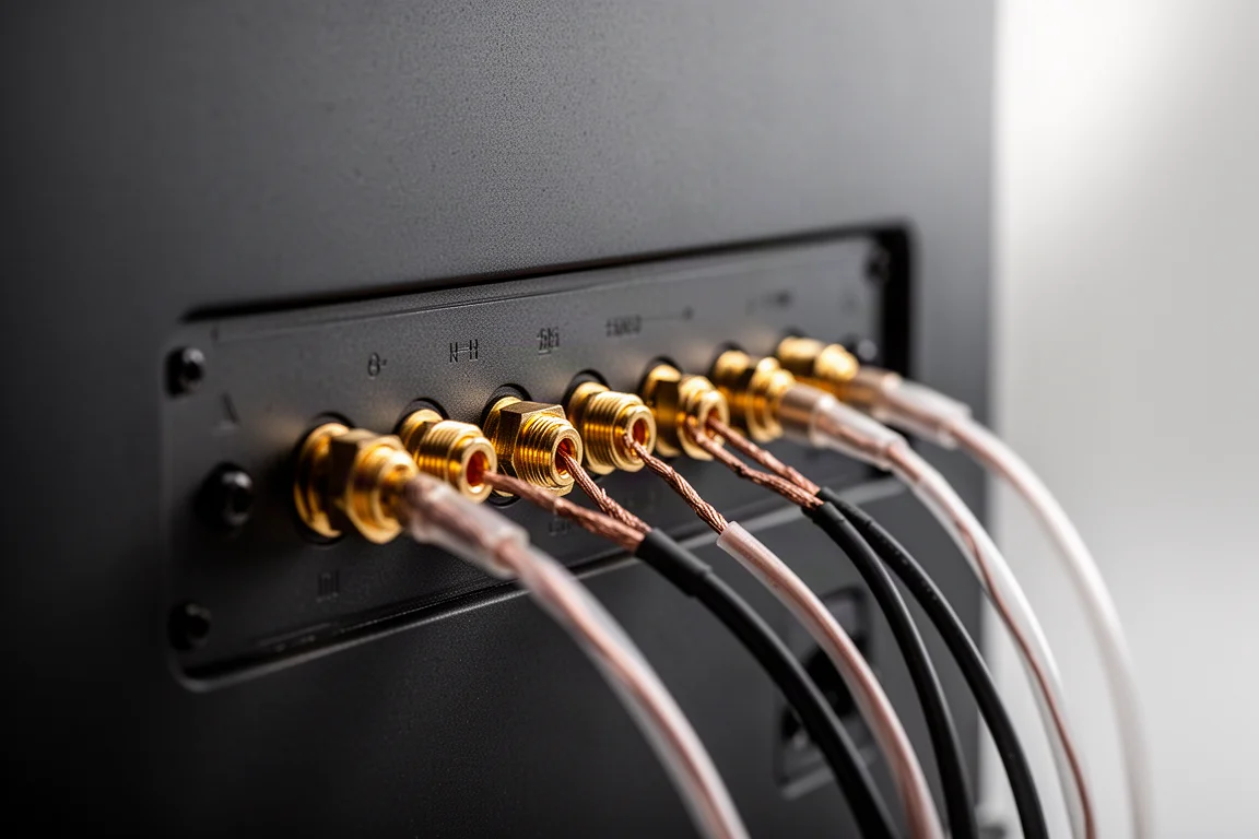 Terminazioni di cavi per diffusori collegate a morsetti placcati oro sul retro di un amplificatore