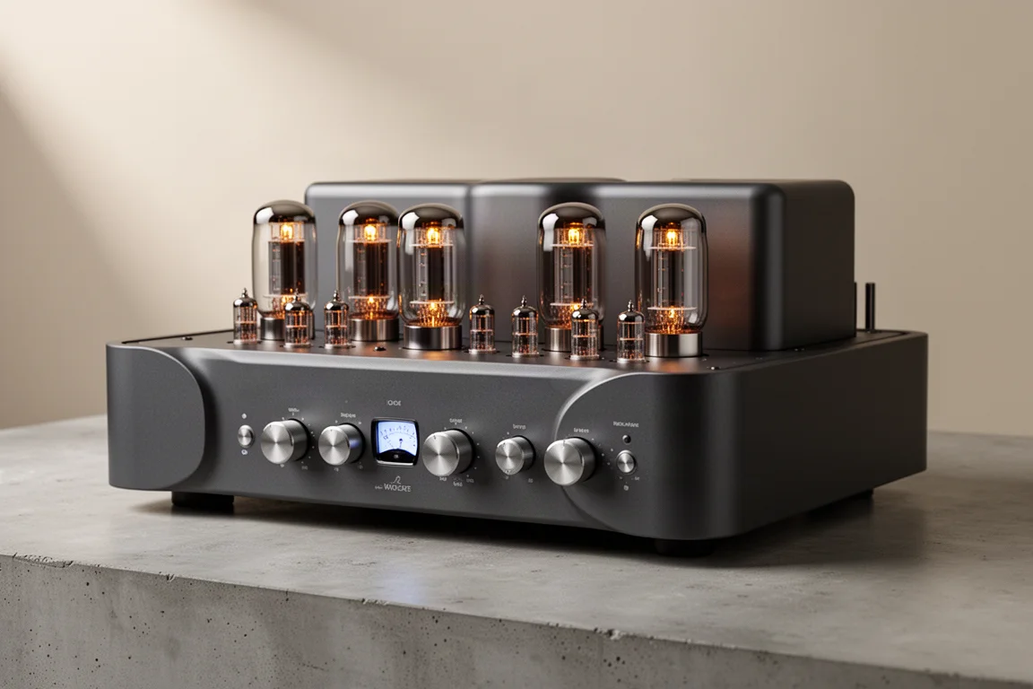Matte dark integrated tube amplifier with glowing glass tubes and metal control knobs on a concrete surface