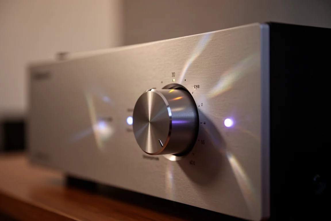 Primo piano della manopola del volume di un preamplificatore e delle spie in una stanza in penombra