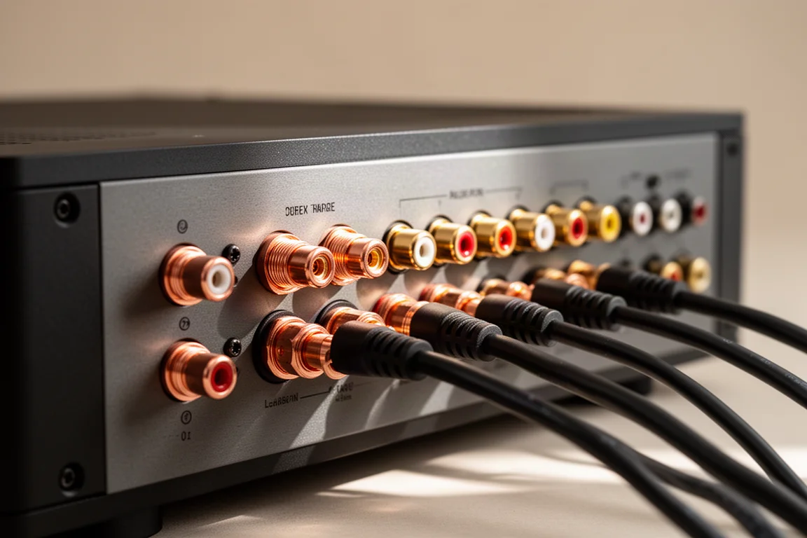 Pannello posteriore di un amplificatore hi-fi con morsetti in rame e connettori RCA