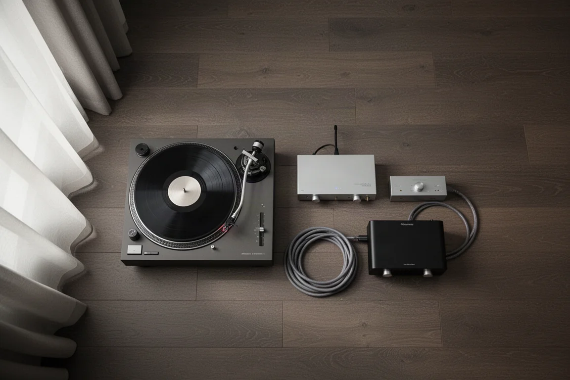 Vista dall'alto di un impianto hi-fi con giradischi, preamplificatore e amplificatore