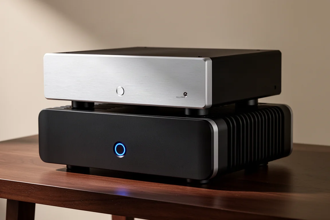 Gallion TSP75 preamplifier and TSA75 power amplifier stacked on a dark wood shelf