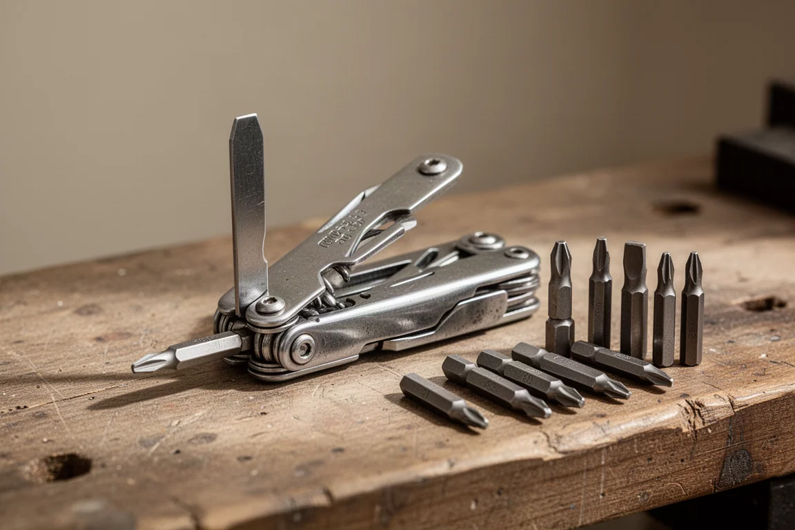 Multiutensile in acciaio inox classico con una sottile punta piatta inserita nel portapunte