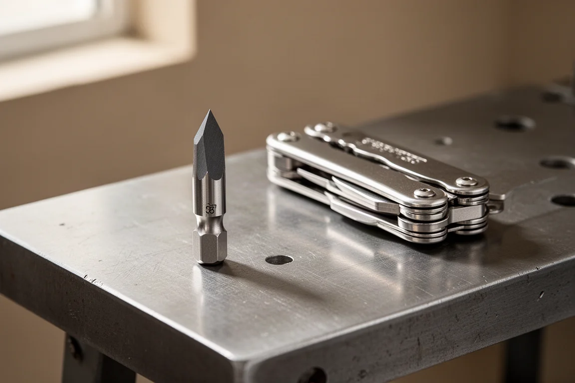 Tungsten carbide glass breaker bit beside a stainless steel multi-tool on a workbench