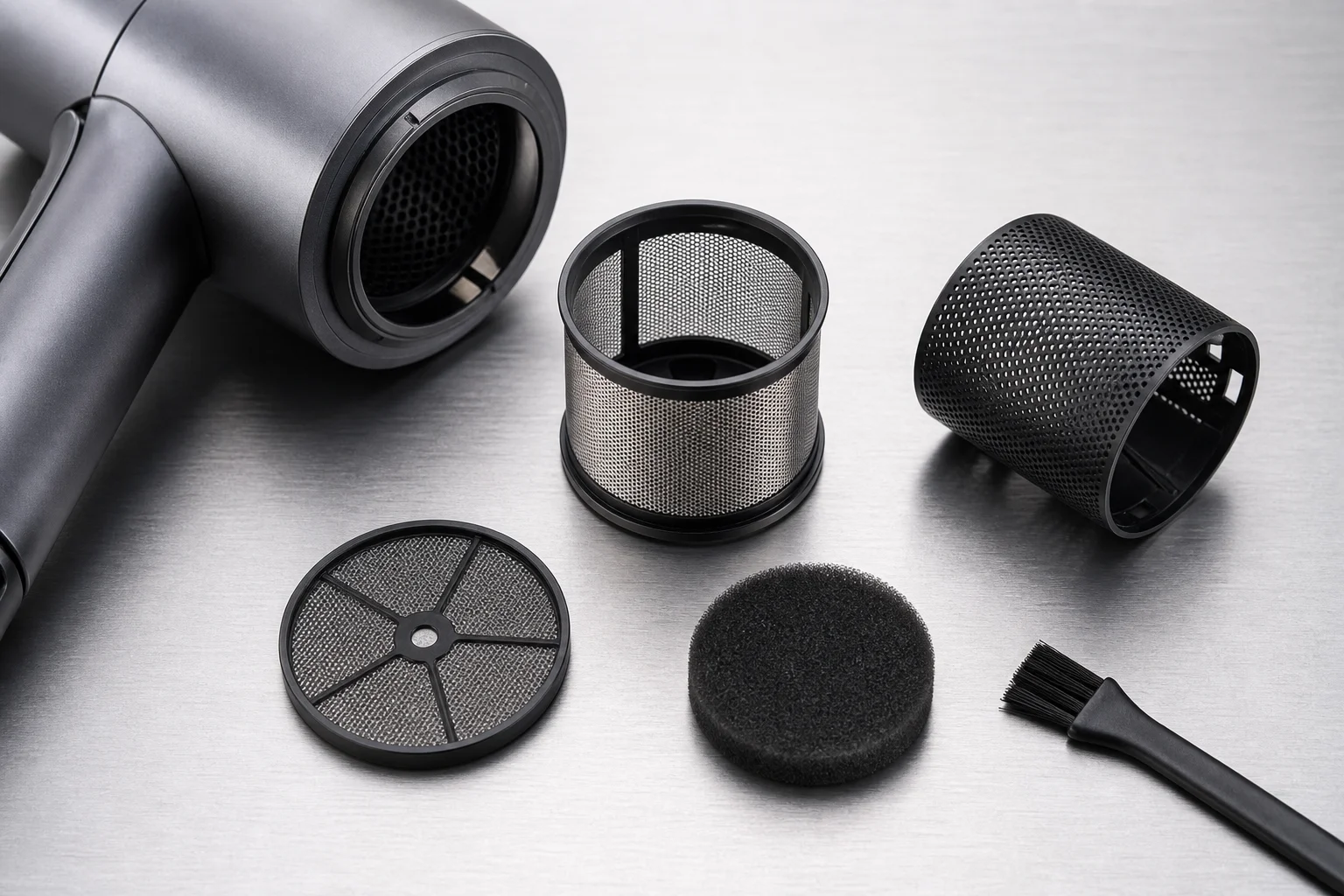 Filter und Wartungskomponenten eines Haartrockners auf einer Oberfläche aus gebürstetem Aluminium