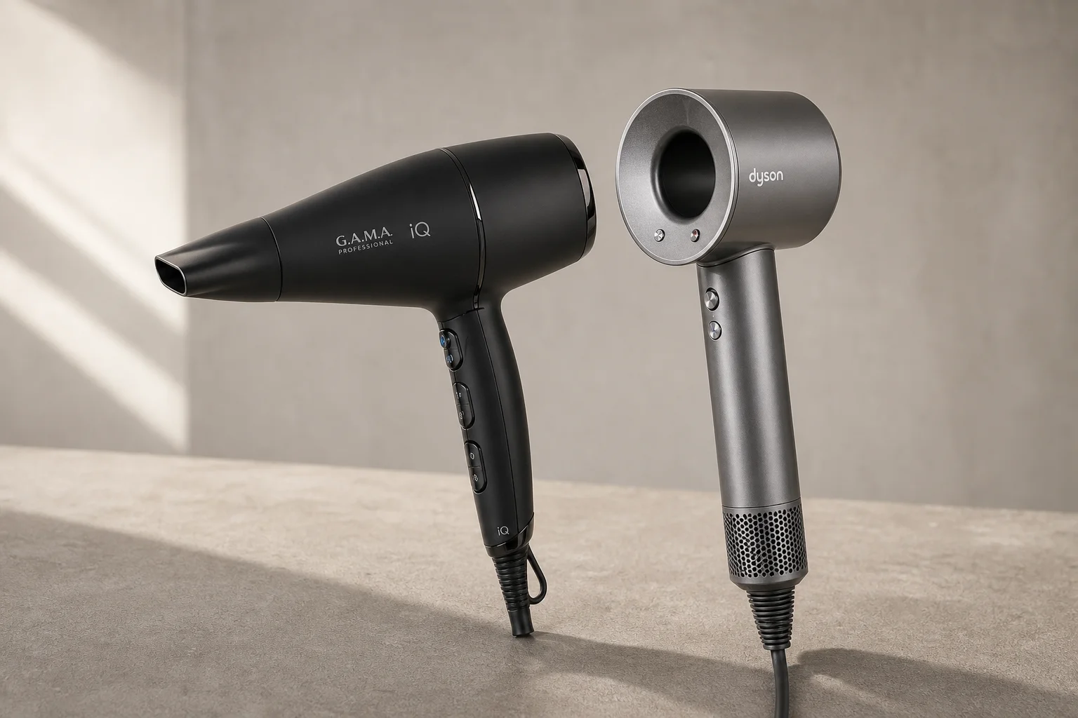 Gama Professional iQ and Dyson Supersonic hairdryers side by side on concrete