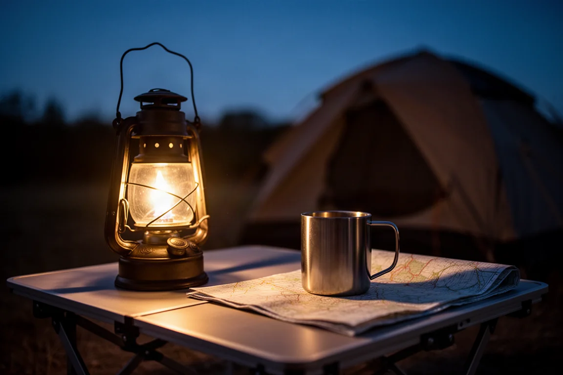 Lanterne à gaz allumée sur une table de camp au crépuscule avec une tasse en acier à côté