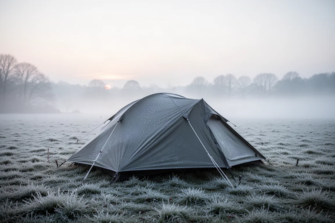 Tente givrée dans une prairie à l'aube avec de la brume dans l'air froid