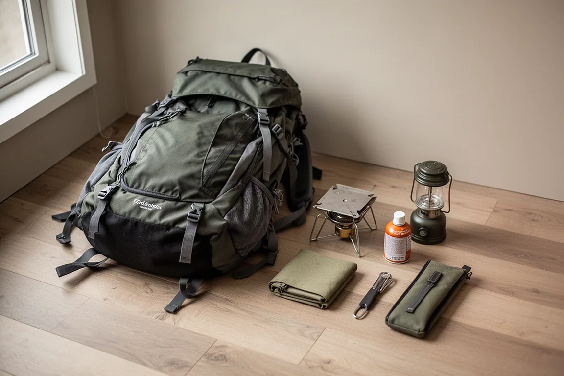 Sac à dos de randonnée ouvert sur un plancher de bois à côté de petits articles de camp
