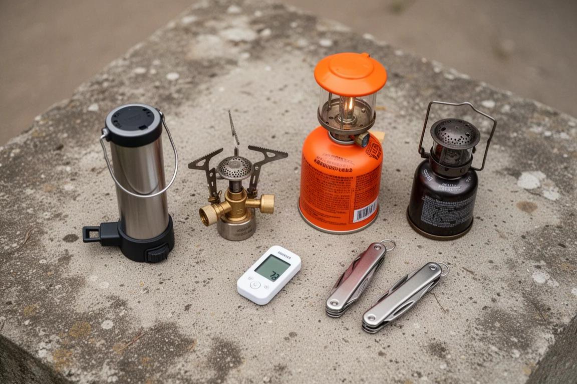 Compact backpacking accessories arranged on concrete, including a pump, lanterns, adapter, and multi-tools