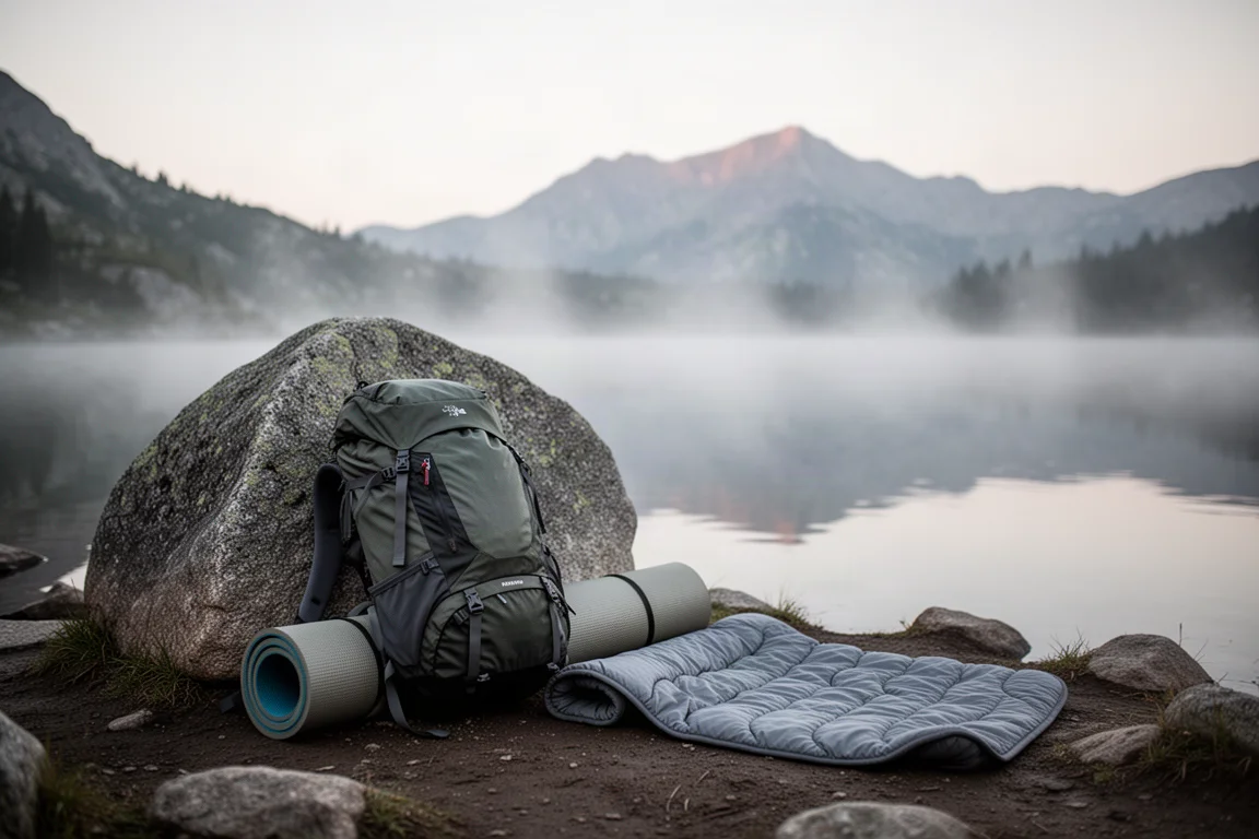 Backpacking campsite at dawn beside a still alpine lake with mist over the water