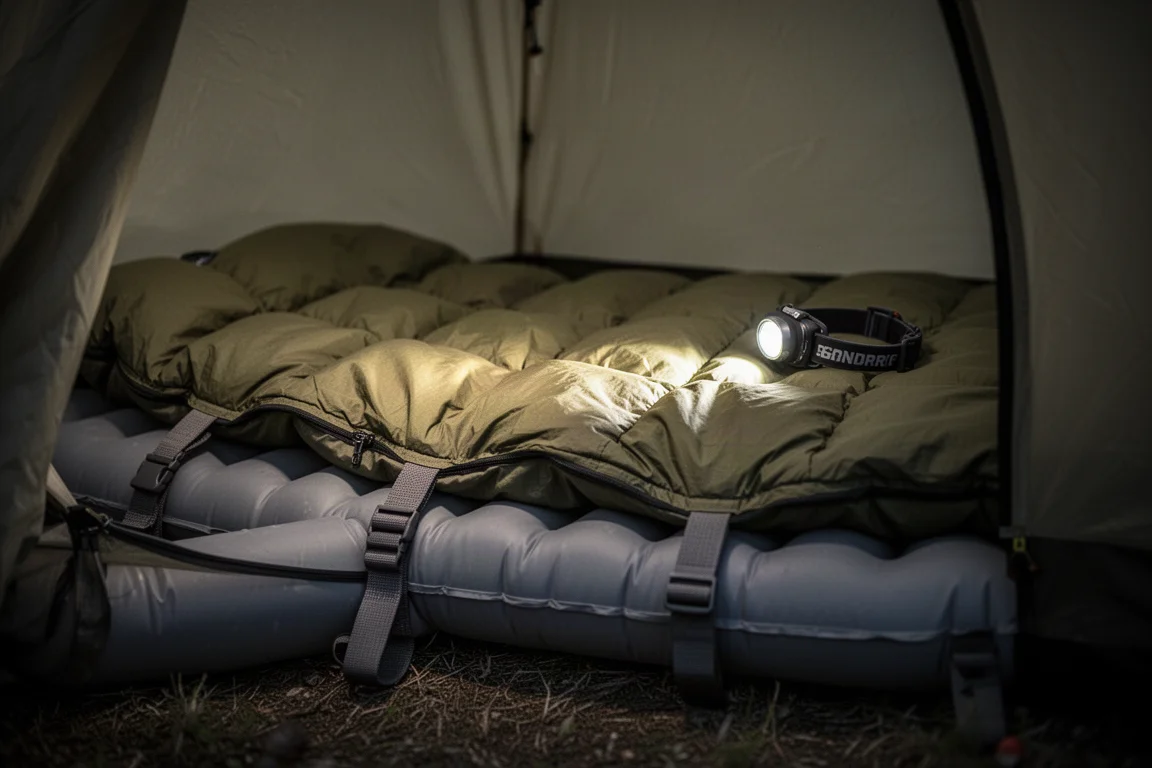 Quilt clipped to an inflated sleeping pad inside a tent lit by a headlamp