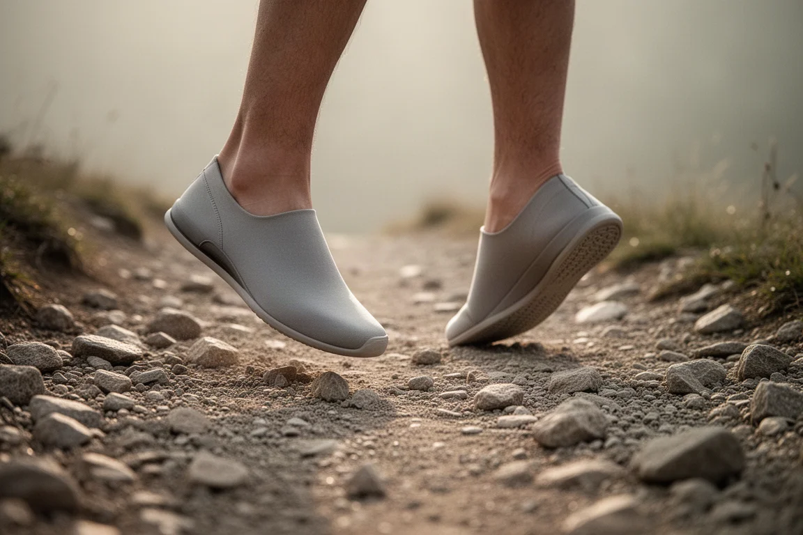 Low-angle view of minimalist shoes mid-step on a gravel hiking trail
