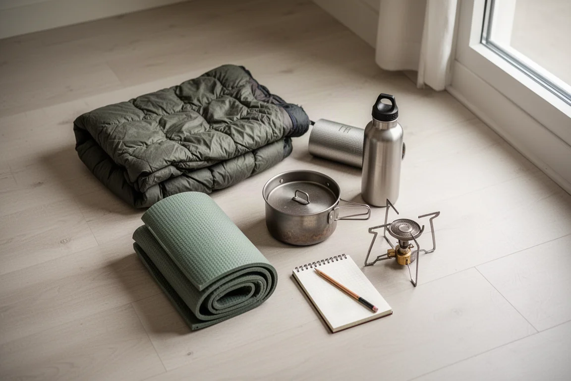 Overhead flat-lay of backpacking gear sorted on a pale wooden floor