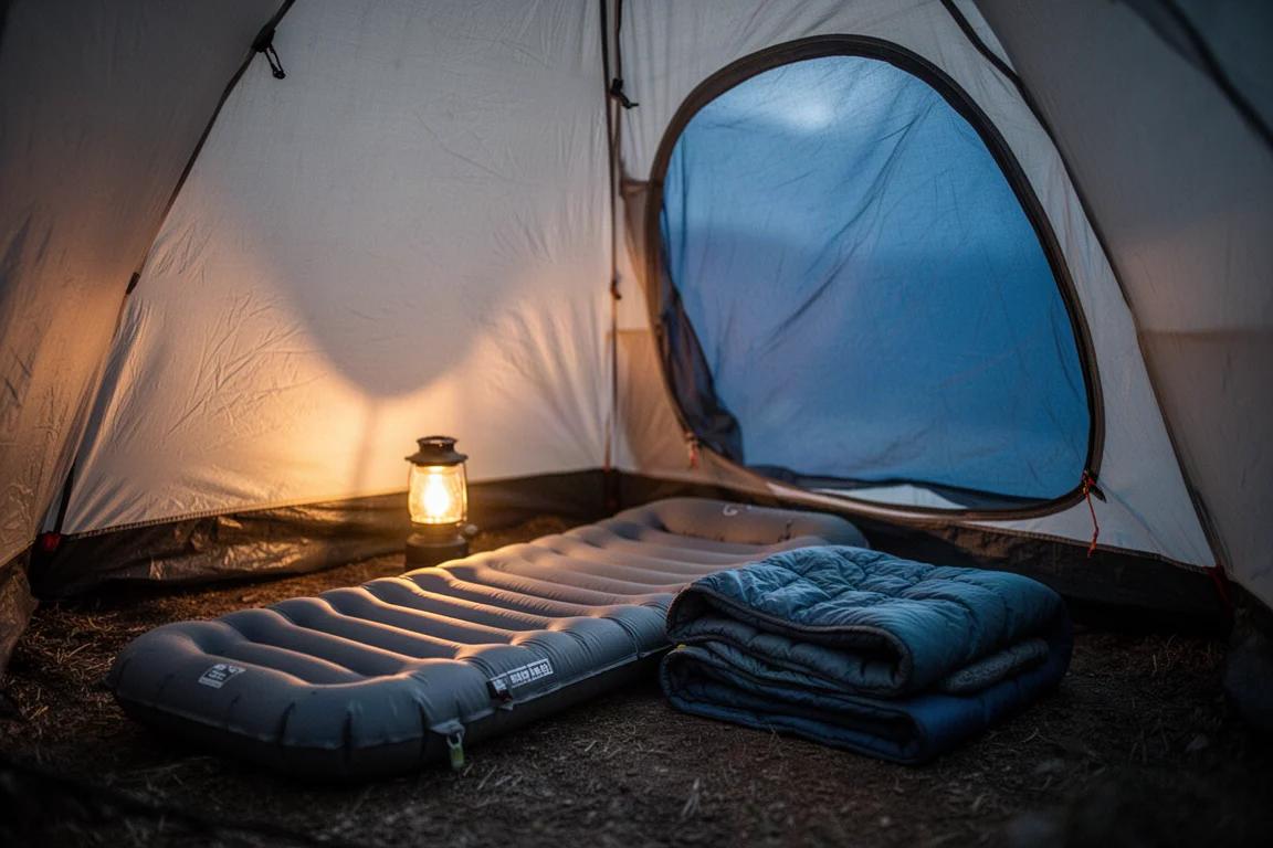 Interno di una tenda da backpacking al crepuscolo con un materassino parzialmente gonfio e la luce soffusa di una lanterna