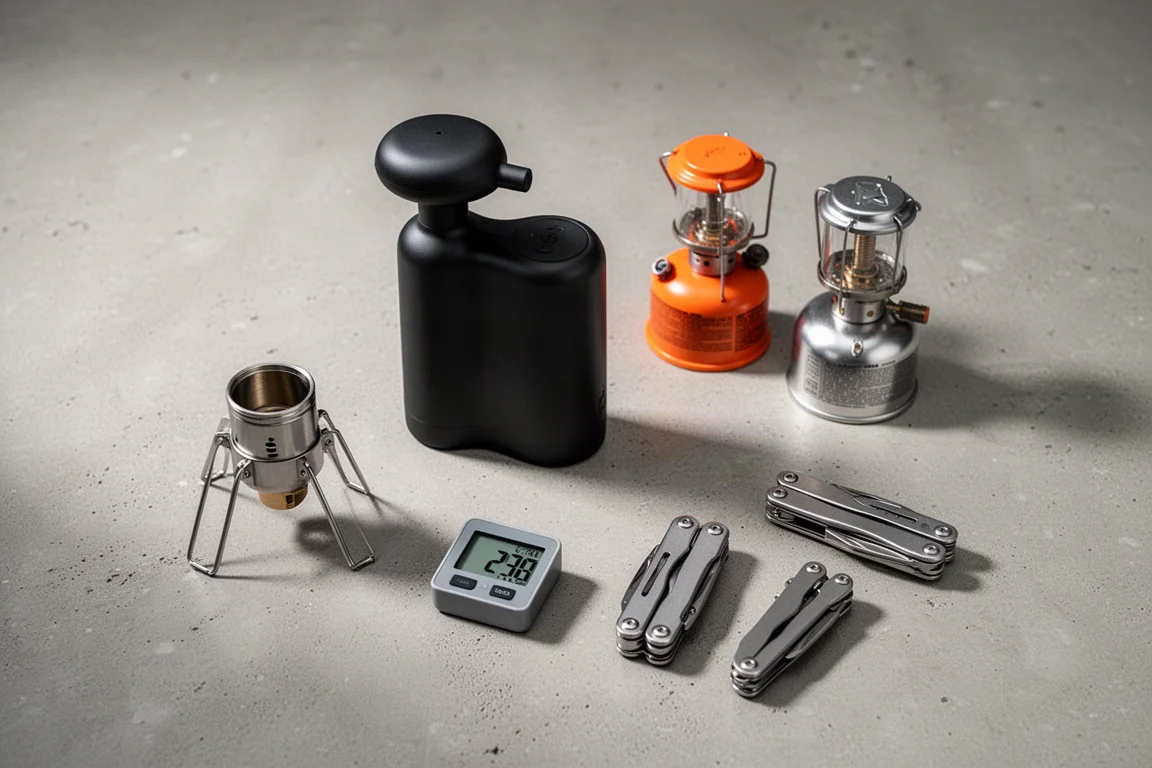 Flat-lay of small backpacking accessories including a pump, canister adapter, gas lanterns, thermometer and multi-tools