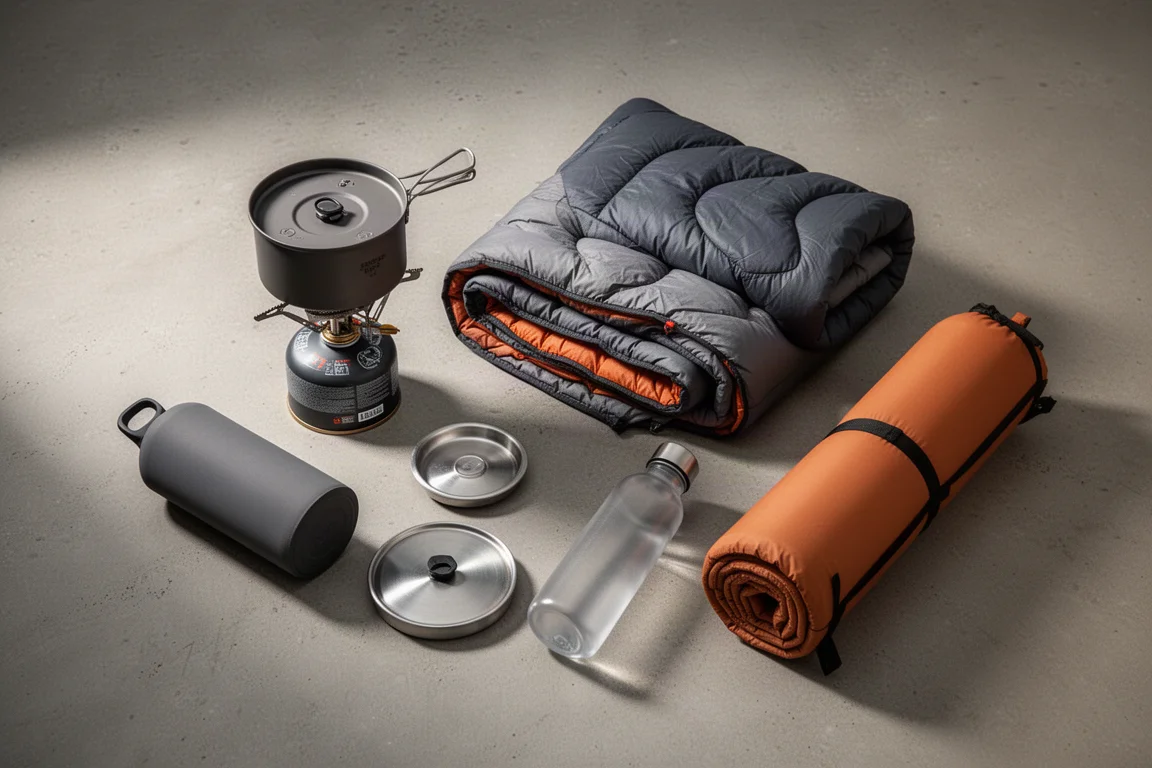 Backpacking gear flat-lay with stove, quilt, sleeping pad, pot lid, bottle, and packraft
