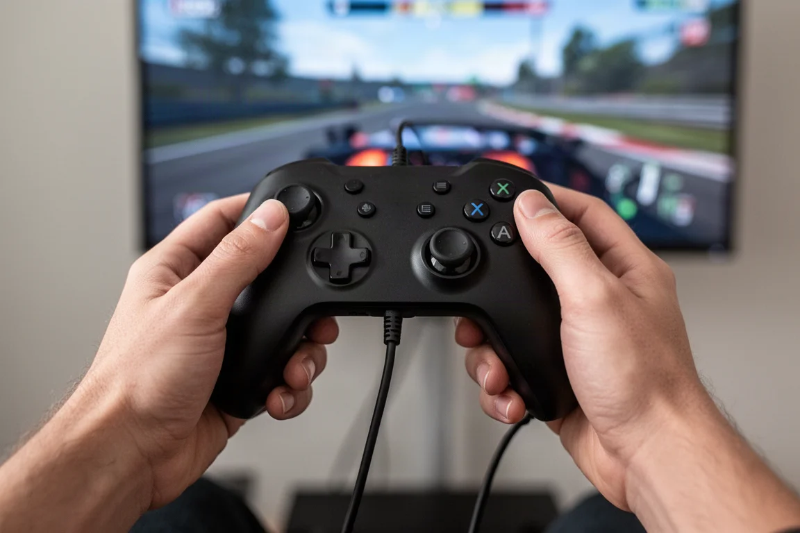 레이싱 게임 플레이 중 GameSir Tarantula 8K PC 컨트롤러를 잡고 있는 게이머의 손