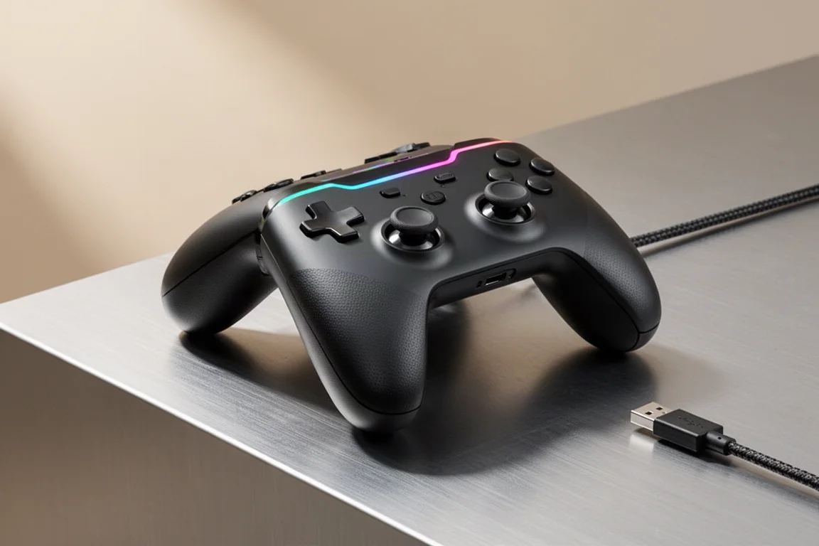 GameSir Tarantula 8K PC 控制器，霧黑色，置於髮絲紋鋁合金表面