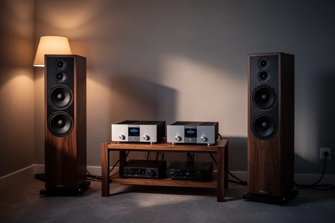 Compacte monoblokversterkers op een houten rack tussen zuiluidsprekers in de schemering