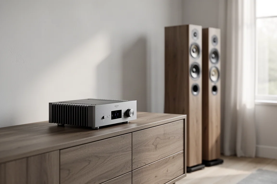 Compacte monoblokversterker op een houten dressoir met zuiluidsprekers erachter