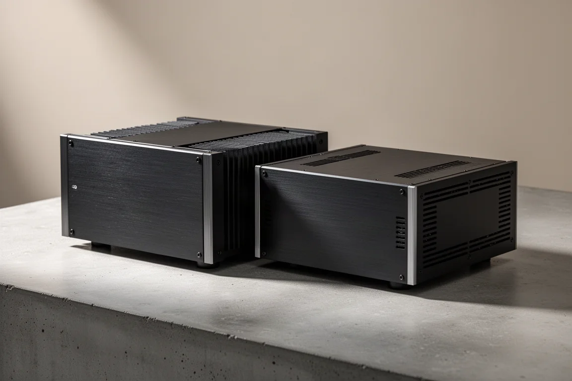 Two compact monoblock amplifiers in dark brushed aluminium on a concrete surface