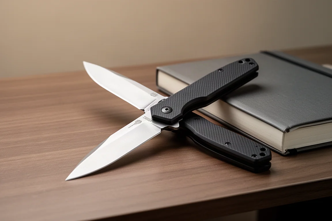 Öppen veckbar fickkniv med satin-finish drop point-blad liggande på ett träbord