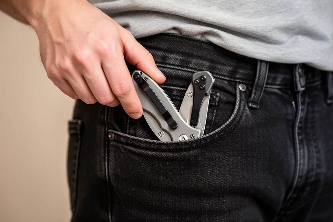 En hand stoppar en veckkniv i ett jeansficka under vardagsbärning