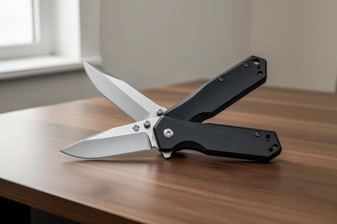 Ganzo F753M1 folding pocket knife partially open on a wooden desk