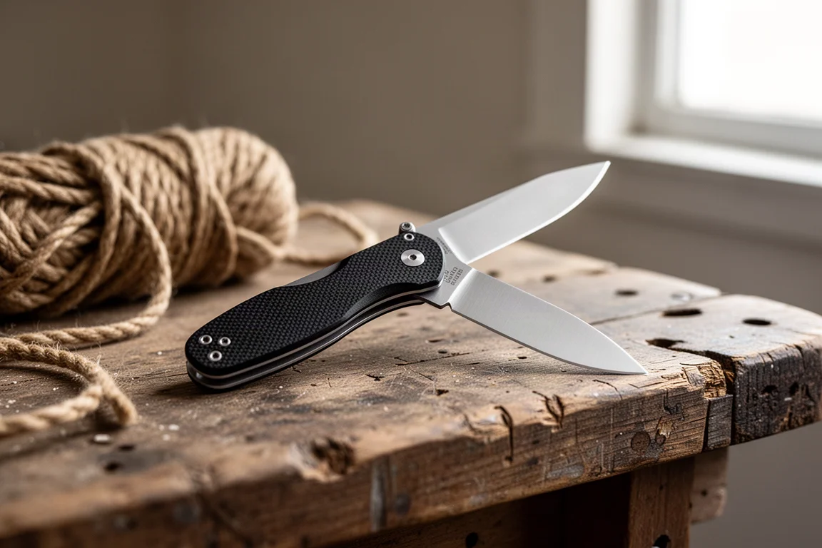 Coltello pieghevole compatto con manico in G10 nero parzialmente aperto su un banco da lavoro