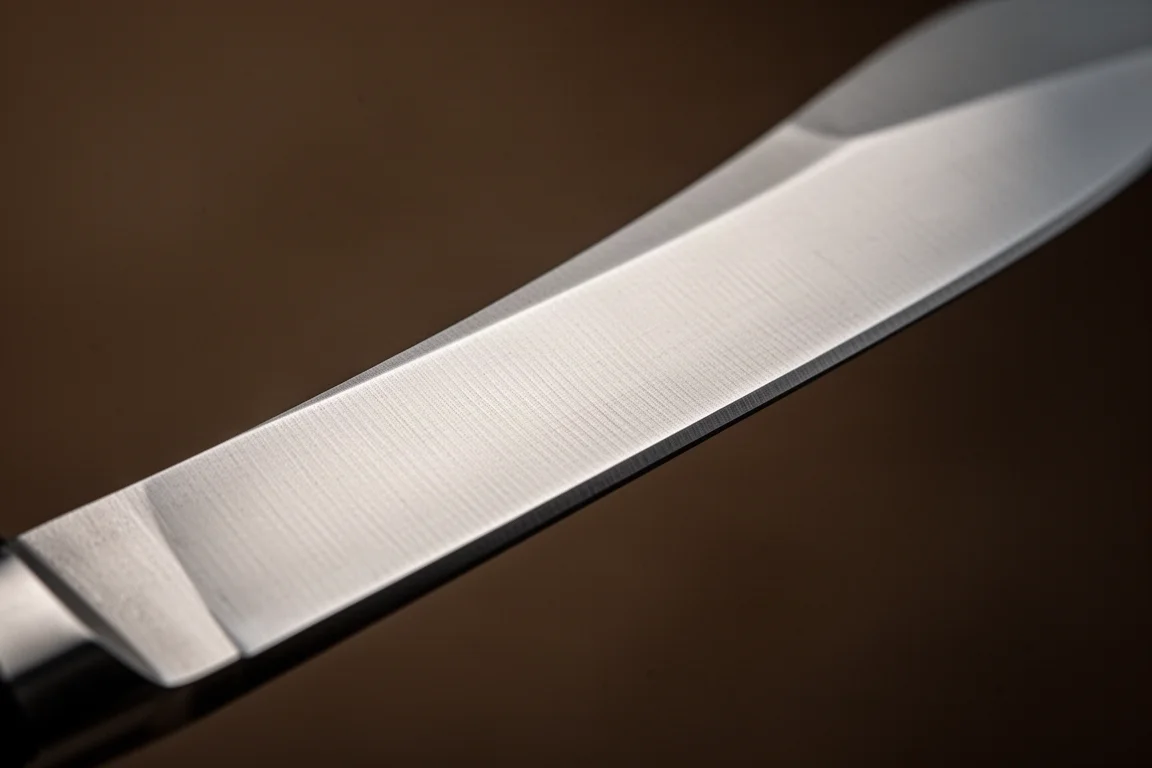 Primo piano di un filo uniformemente rettificato lungo il tagliente del coltello