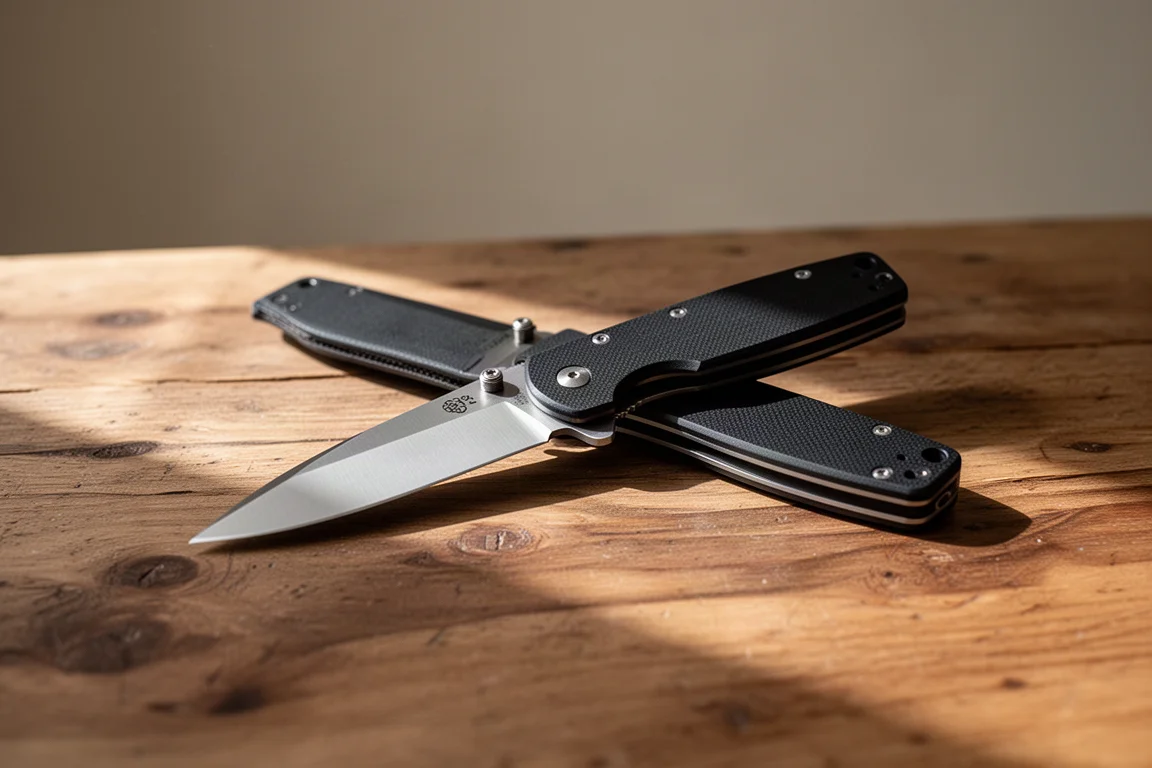 Coltello pieghevole più grande aperto con una mano su un tavolo rustico
