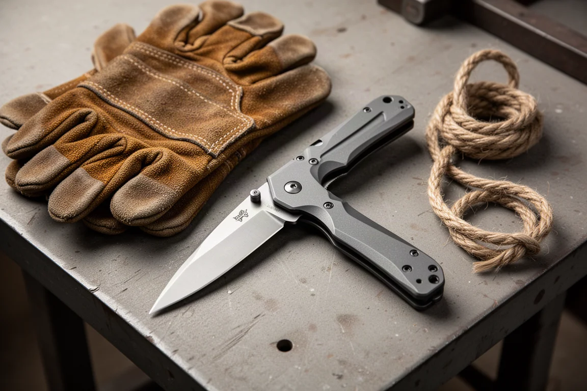 Coltellino da tasca e guanti piegati su una panca da officina che suggeriscono un uso lavorativo
