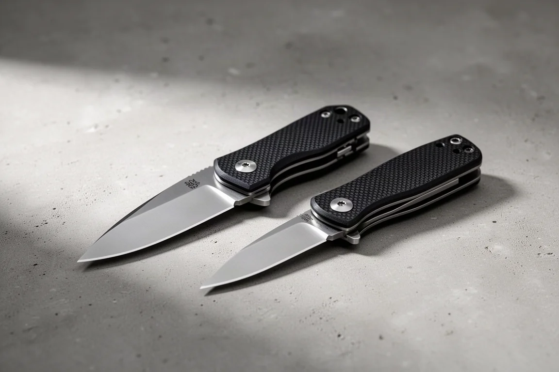 Two Ganzo Firebird folding knives with black G10 handles on a concrete surface