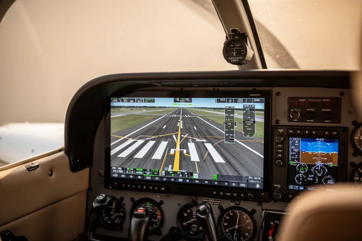 Painel de cockpit de aeronave com grande display de voo widescreen mostrando terreno em visão sintética