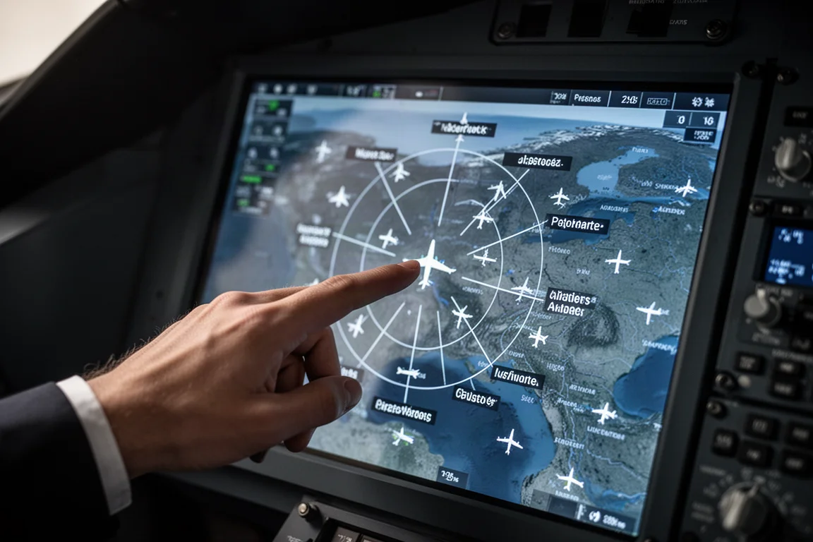 Mão de piloto tocando no mapa de um display de voo para abrir um menu radial de informações do aeroporto
