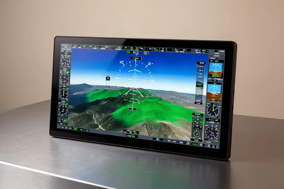 Garmin Axiom widescreen flight display showing synthetic vision terrain view