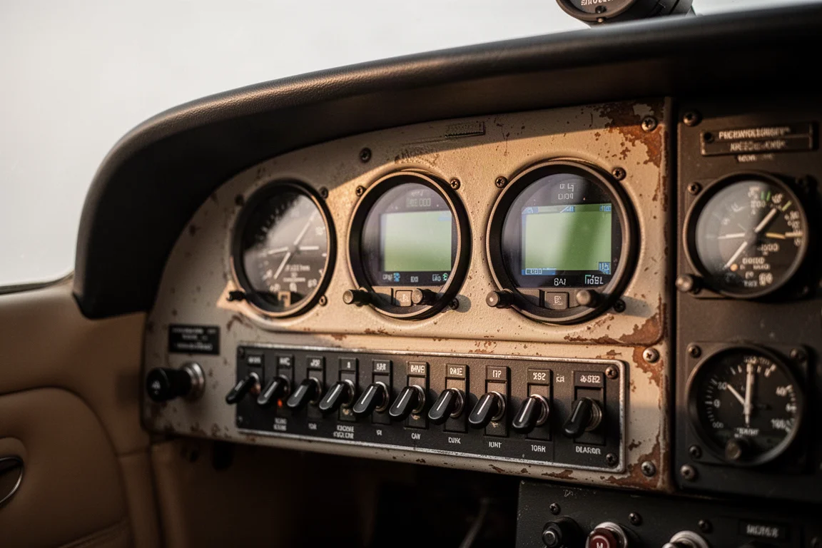 Indicadores digitales redondos compactos instalados en un panel de avioneta de época