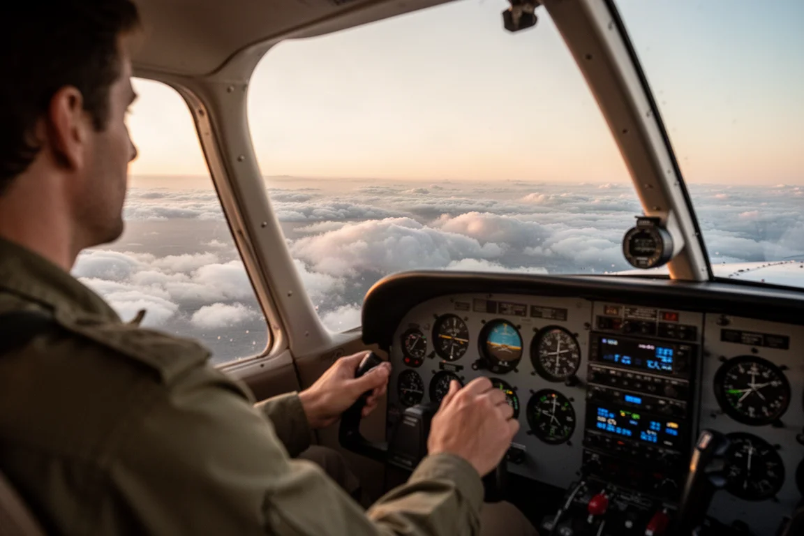 Un piloto pilotando manualmente una avioneta ligera en un vuelo cross-country