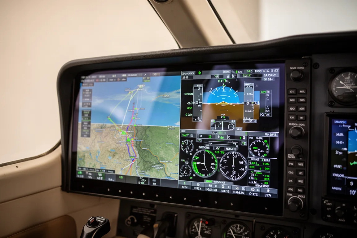 Gran pantalla de vuelo táctil con un mapa en modo split-screen en la cabina