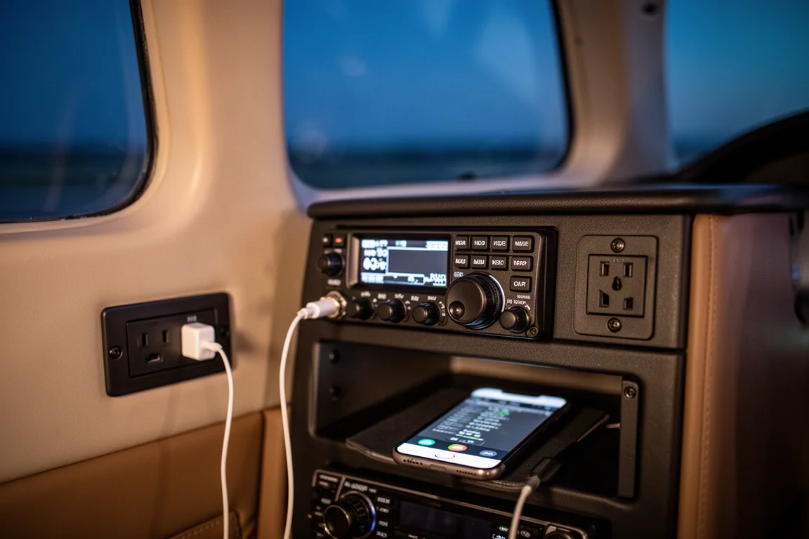 Panel de la avioneta con puertos de carga USB y una pila de radios ordenada al atardecer